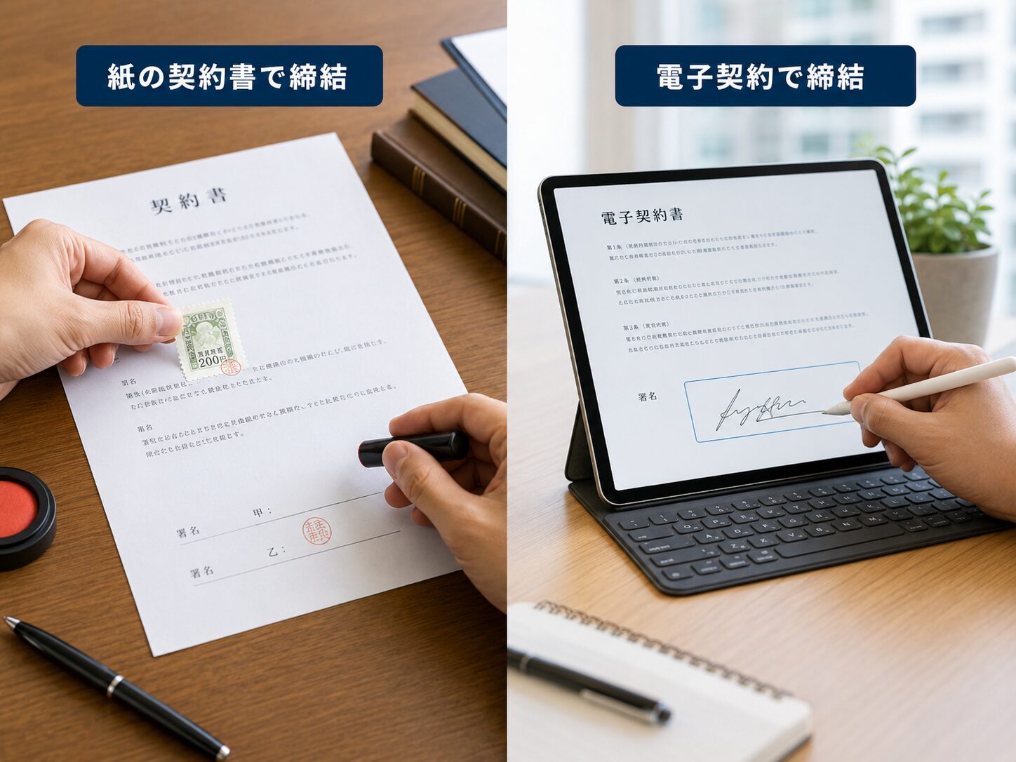 紙の契約書に収入印紙を貼る方法と電子契約で署名する方法を左右に比較した写真