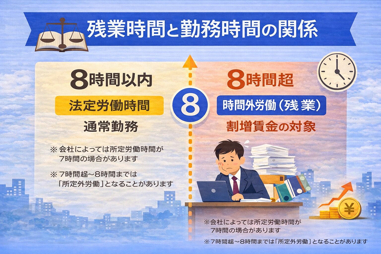 残業時間と勤務時間の関係を説明する図（7時間と8時間の境界線）