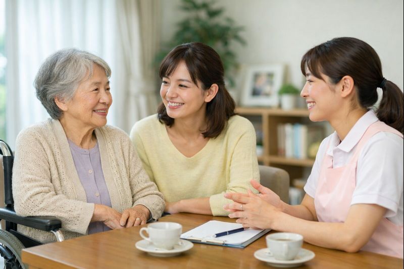 高齢者と家族、介護スタッフが穏やかに会話しているイメージ画像（要介護4と5の違いを考える場面）
