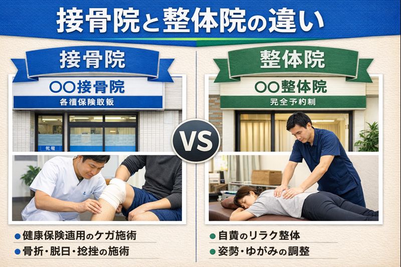 接骨院と整体院の外観や施術風景を比較しているイメージ画像