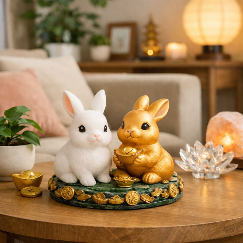 風水アイテムとして飾られた可愛いうさぎの置物をリビングに置いているイメージ画像