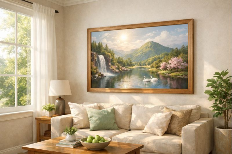 明るいリビングに絵が飾られている風水イメージの無料画像（窓から自然光が入り、壁に穏やかな風景画が掛かっている様子）