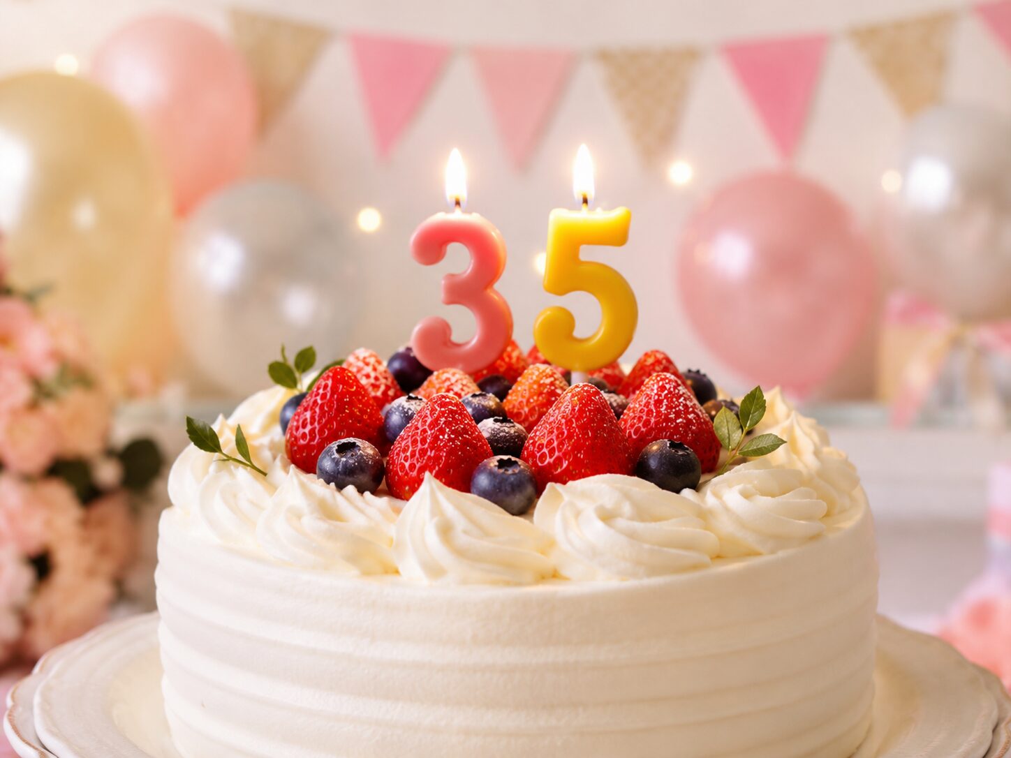 数字キャンドル2本で年齢を表した誕生日ケーキの写真