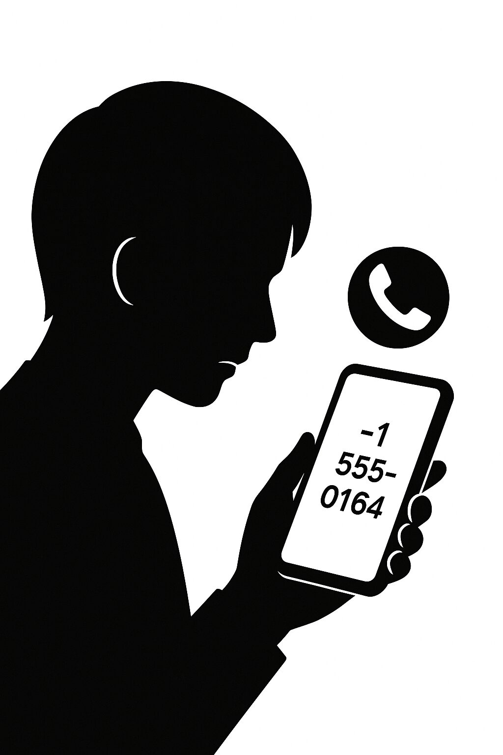 スマホで不審な海外番号を確認している人物のシルエットイラスト