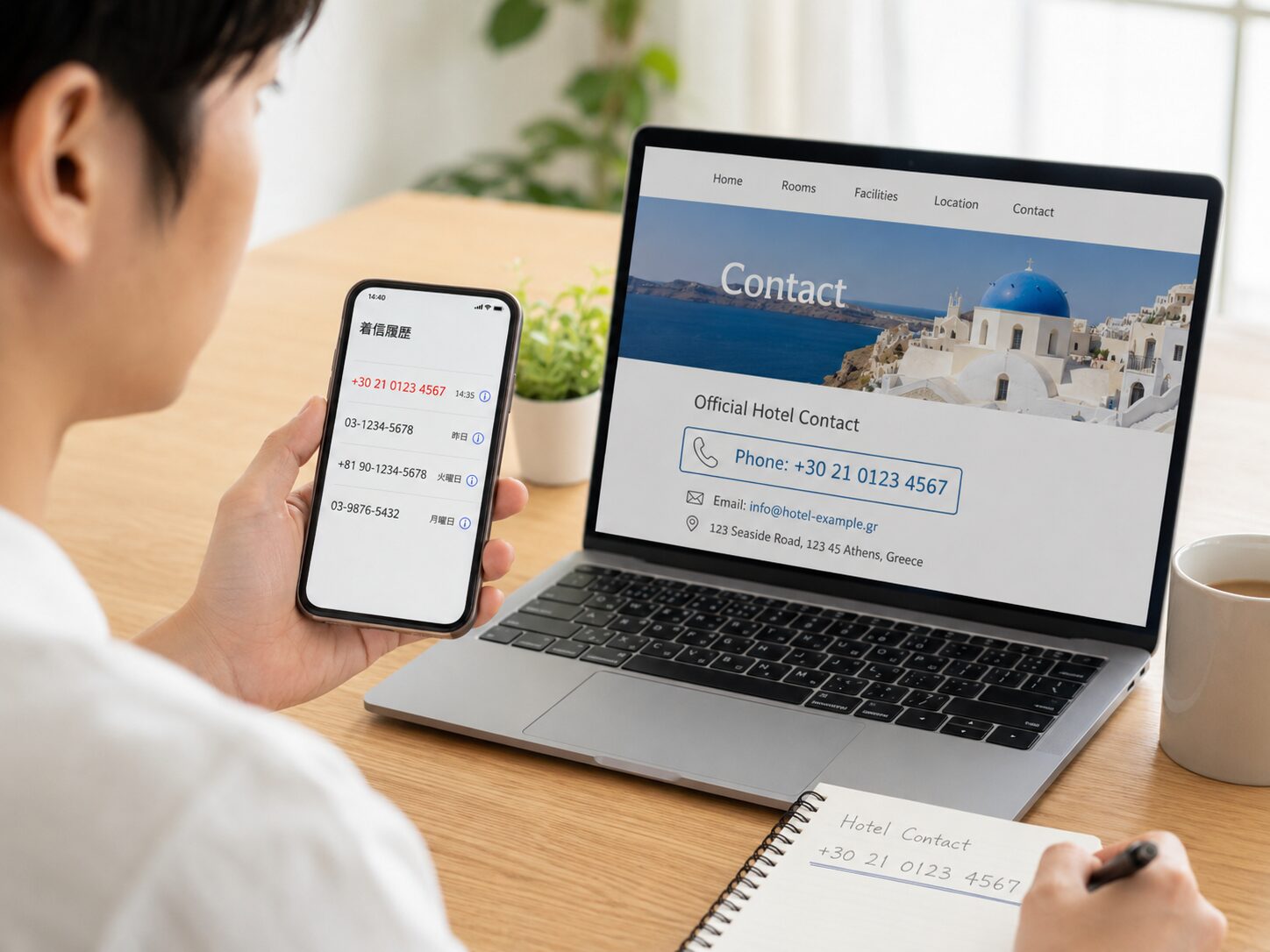 +30からの国際電話の着信履歴とホテルや企業の公式サイトの電話番号を照合している人物の写真