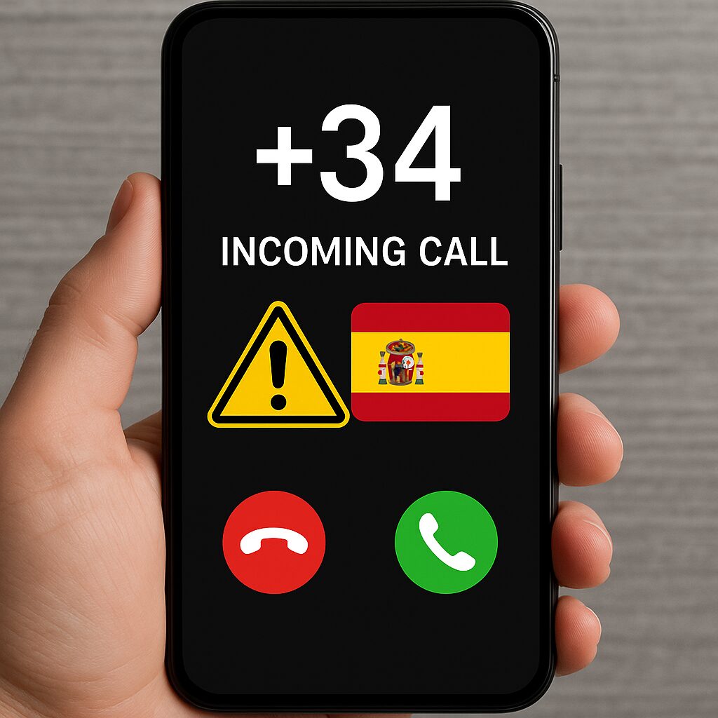 スマートフォンに表示された+34の着信画面とスペイン国旗のイメージ。無料素材で入手できる警告風デザイン。