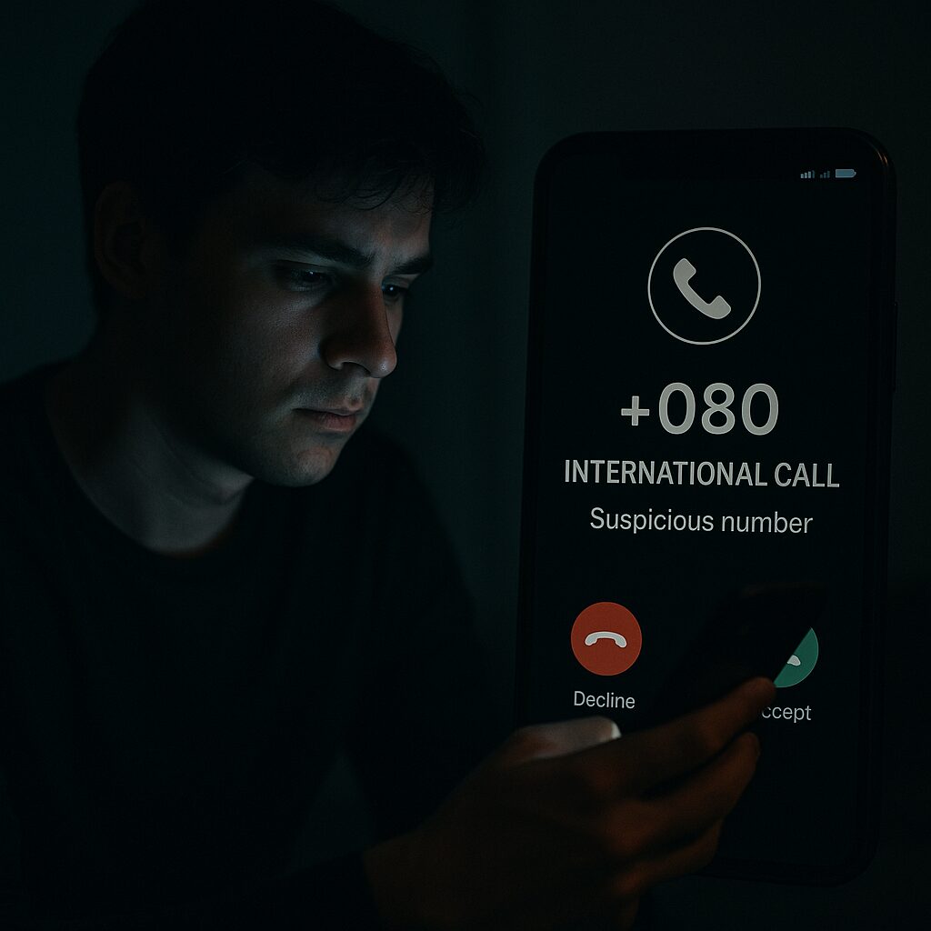 暗い部屋でスマホを見つめる人物と不審な国際電話着信画面のイメージ画像