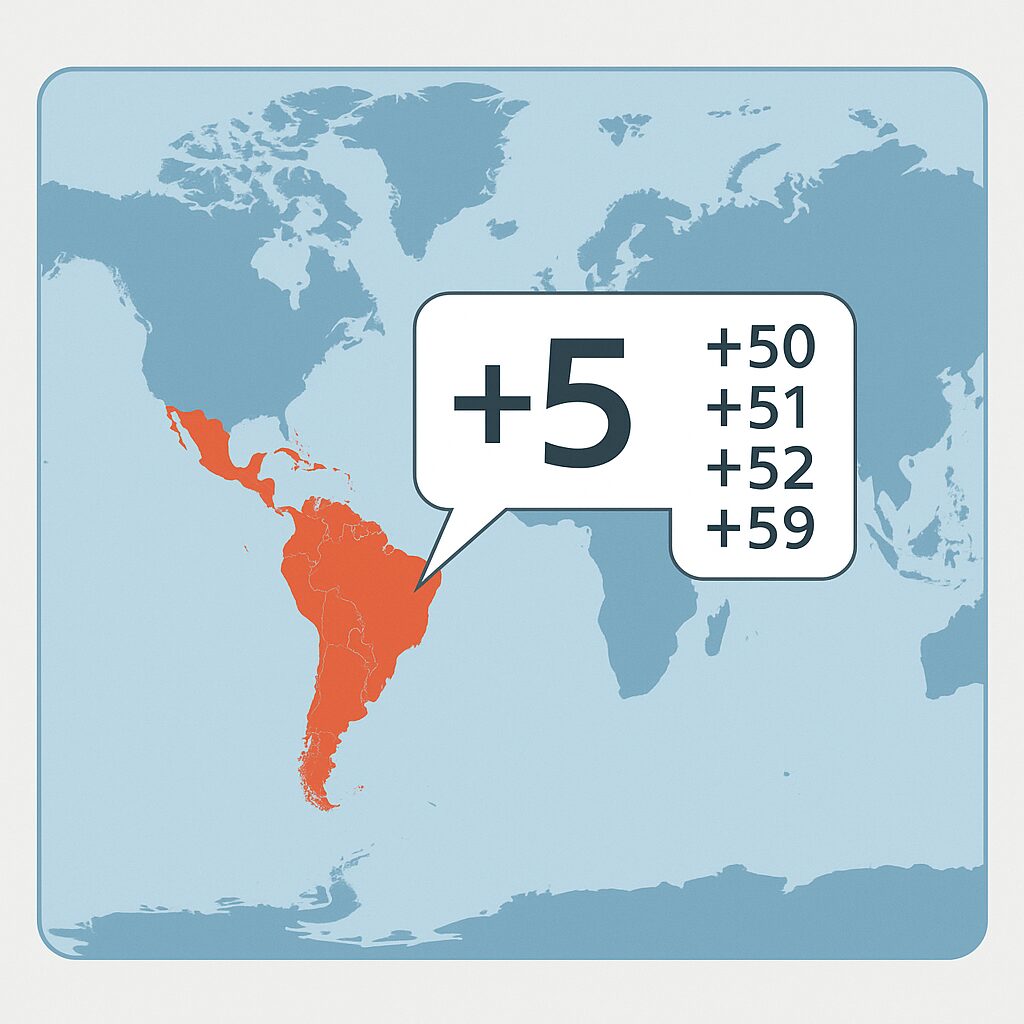 国番号+5の国々をまとめたイメージ図（世界地図と番号グループ表示）
