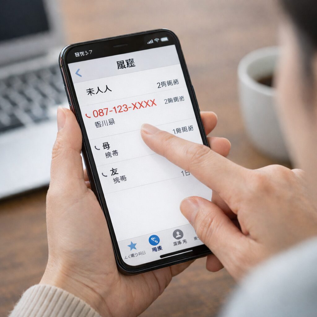 スマートフォンの着信履歴を見ながら見慣れない087番号を確認している人物の無料写真や図解を入れる