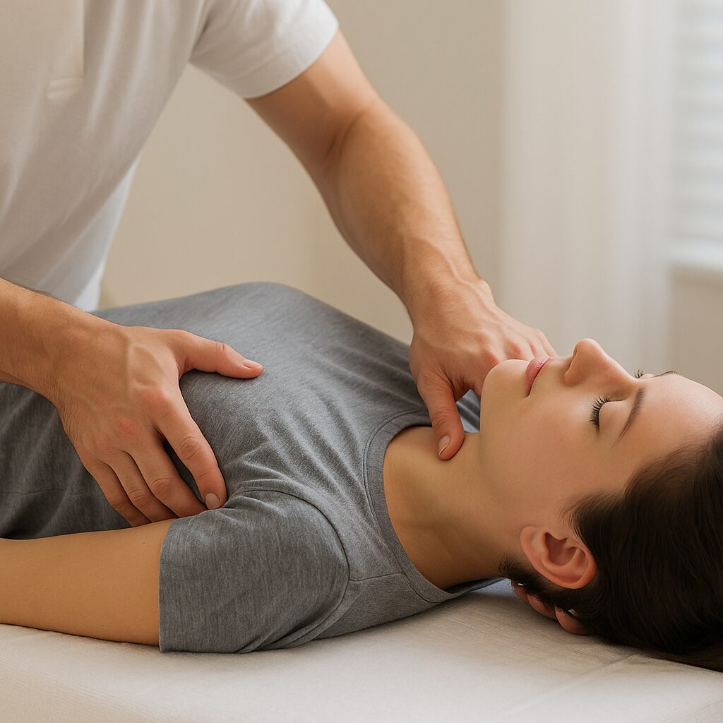 整体とカイロプラクティックの施術イメージ（ベッドに横たわる人と施術者の手元を写した写真）