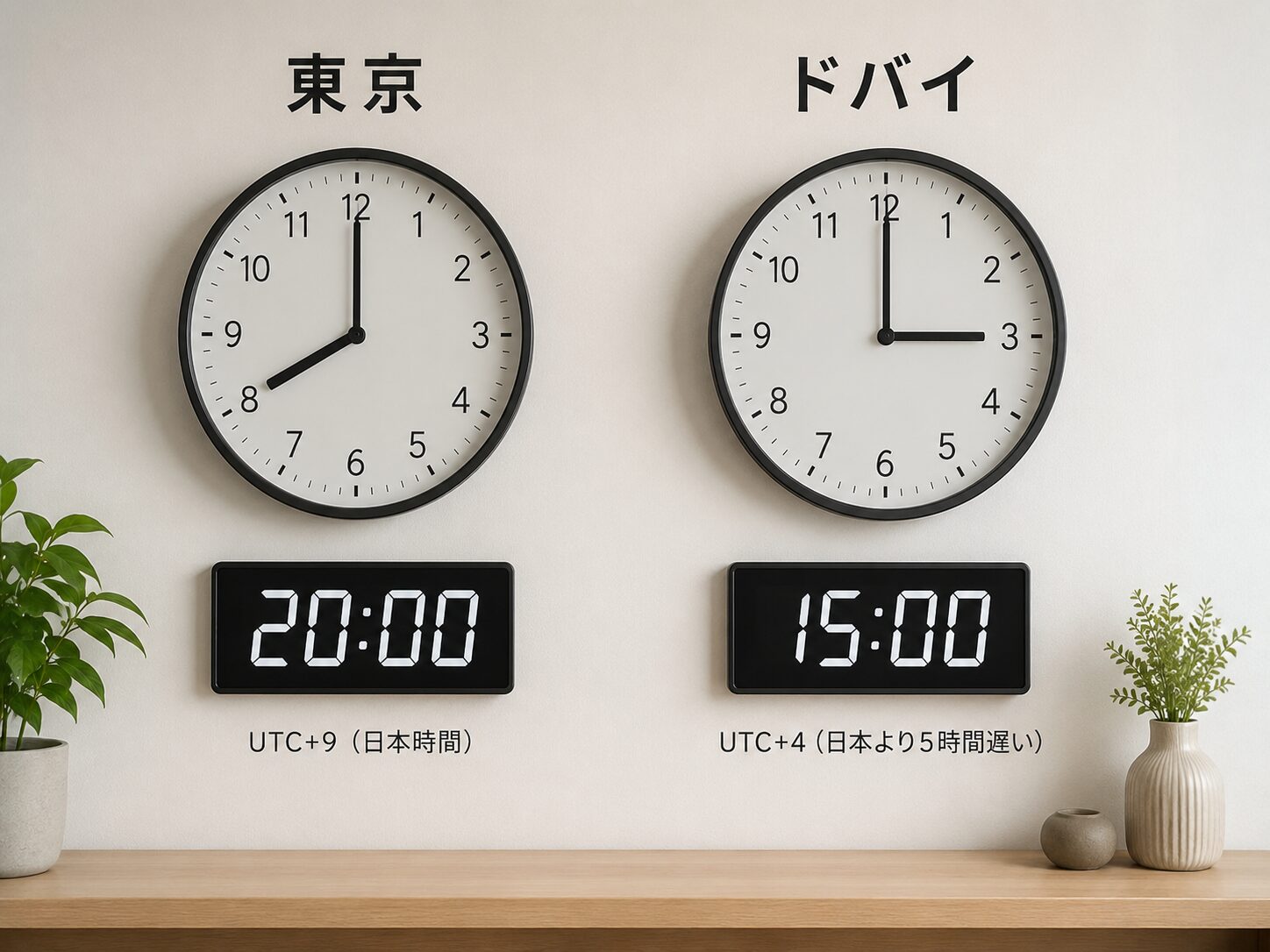 東京とドバイの時計を並べ日本がUAEより5時間進んでいることを比較している写真