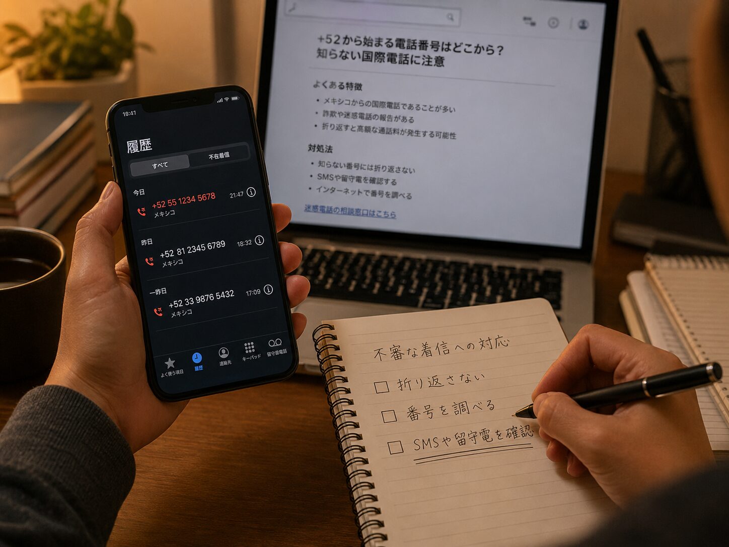 国番号52からの不審な着信をスマートフォンで確認し折り返さず着信情報を調べている人物の写真