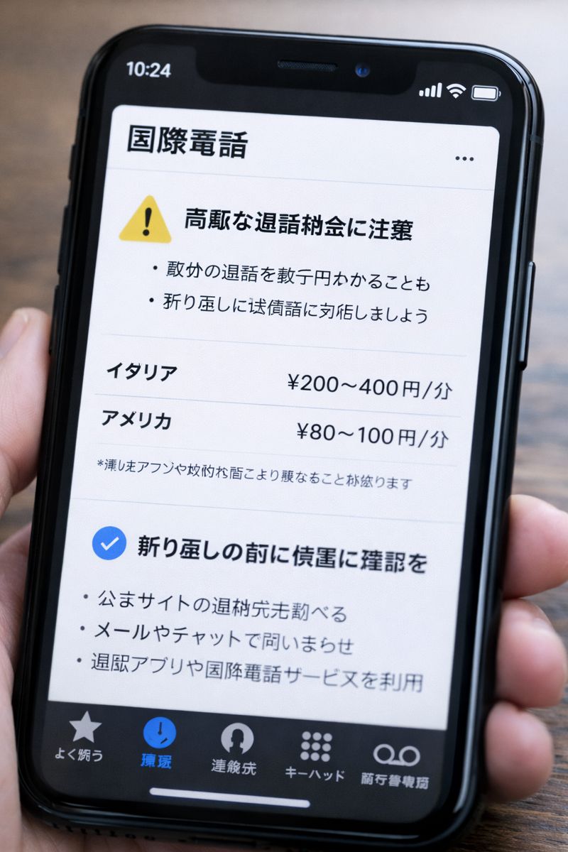 国際電話の料金や注意点を確認しているスマートフォン画面のイメージ画像（無料素材）