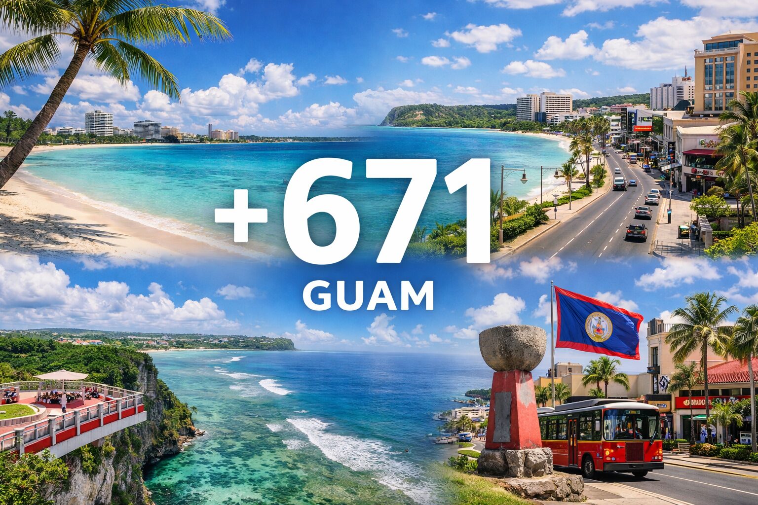 グアムの海辺や街並みが分かる無料写真素材。国番号671がグアムに関係することをイメージしやすい画像を中央寄せで配置