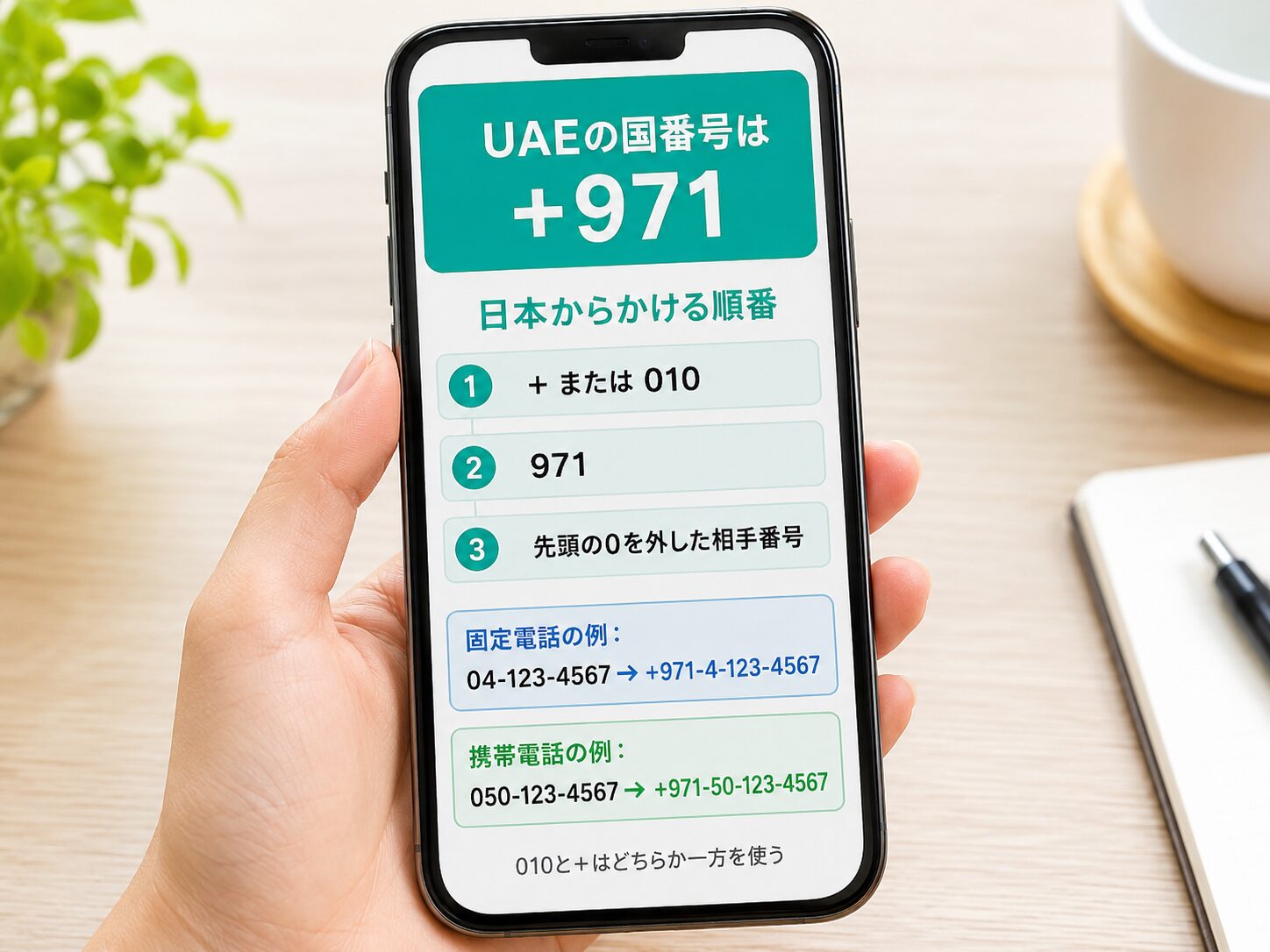 スマートフォンにUAEの国番号プラス971と日本から国際電話をかける入力順を表示している写真