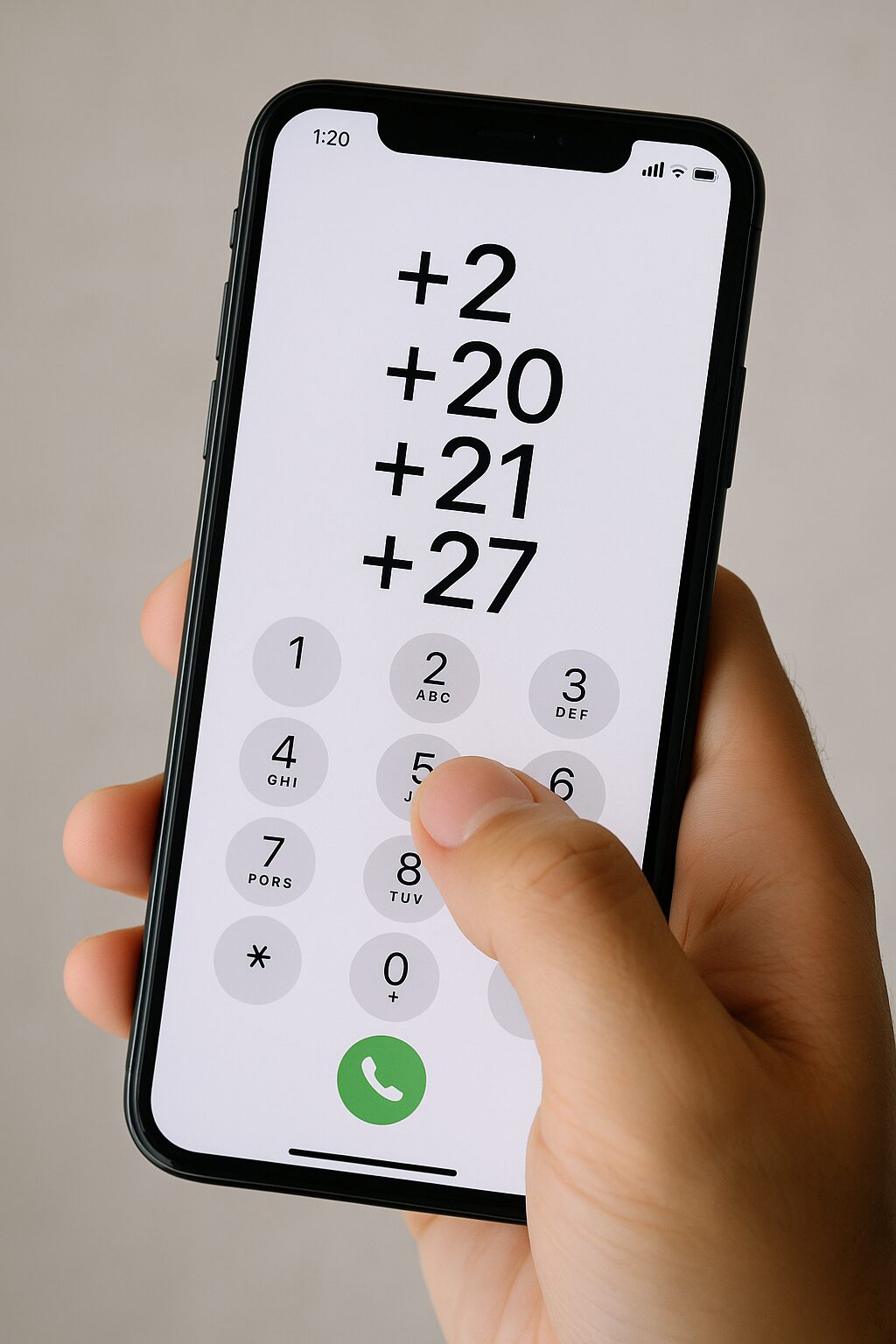 スマートフォンで国番号+20や+27を入力しているイメージ