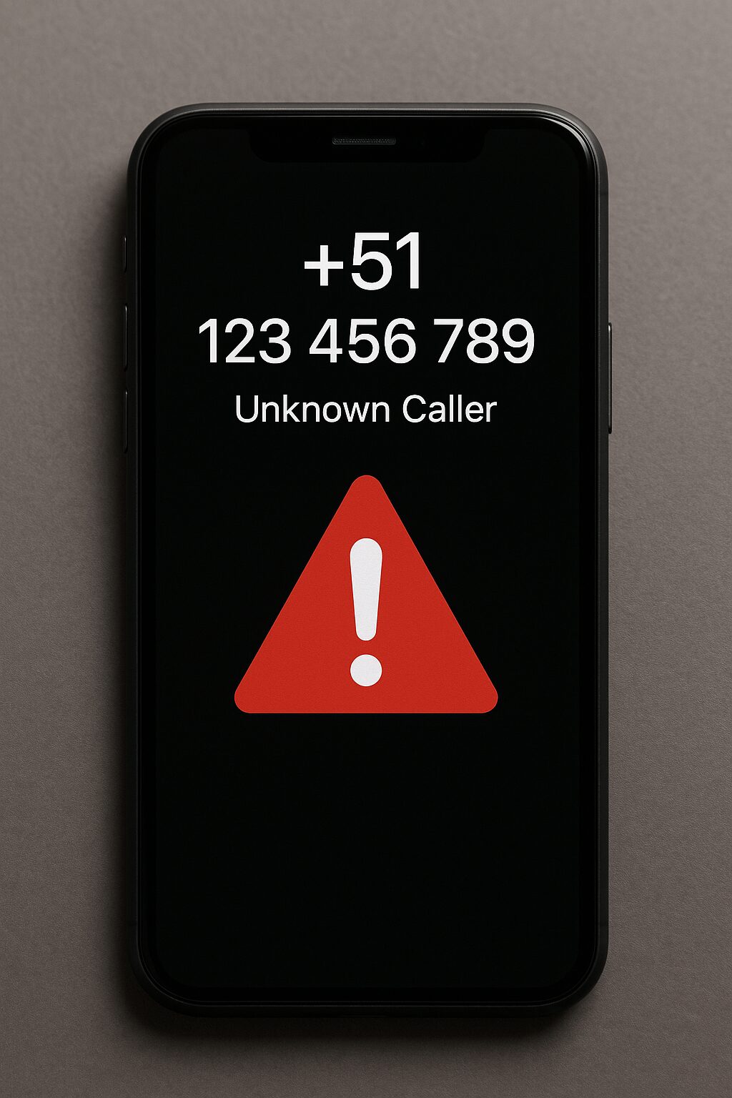スマートフォンに+51からの不明な着信が表示され、警告マークが点灯しているイメージ画像