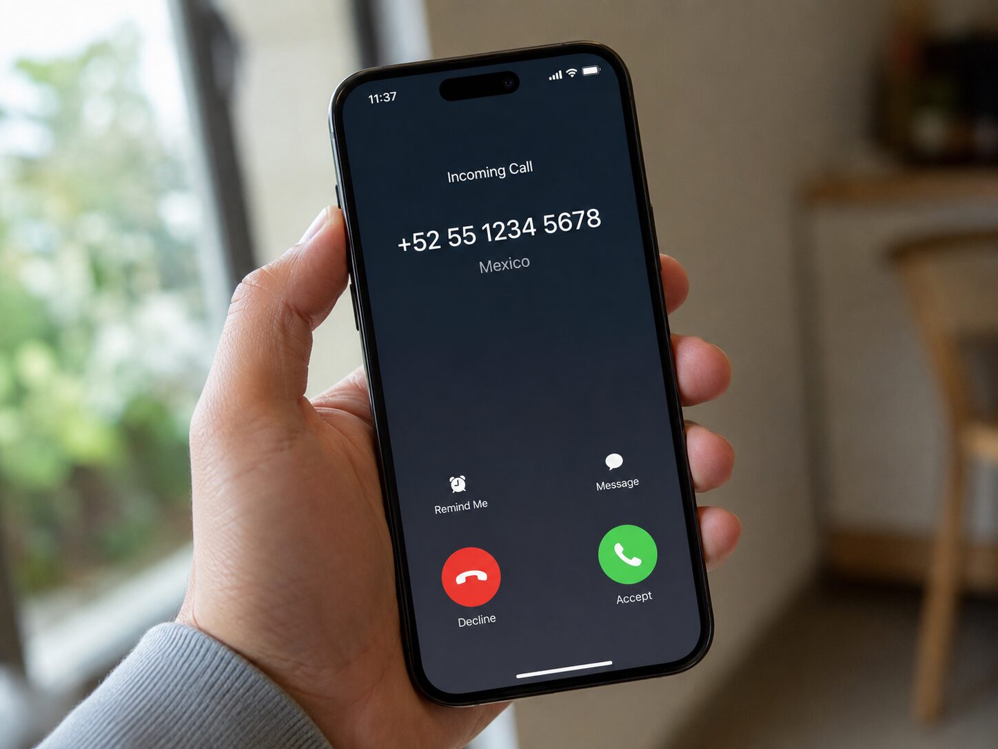 スマートフォンの着信画面に国番号52から始まるメキシコの国際電話番号が表示されている手元の写真