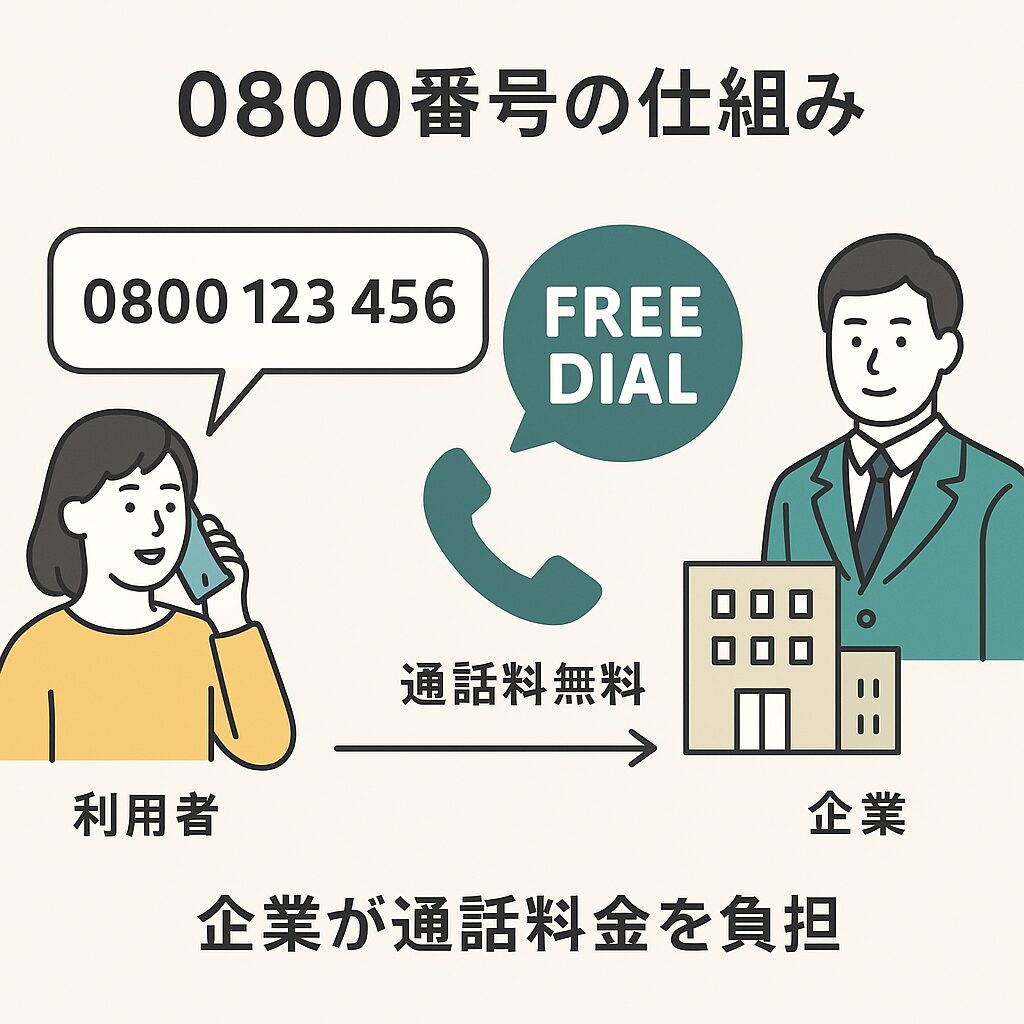 0800番号の仕組みを示すフリーダイヤルのイラスト