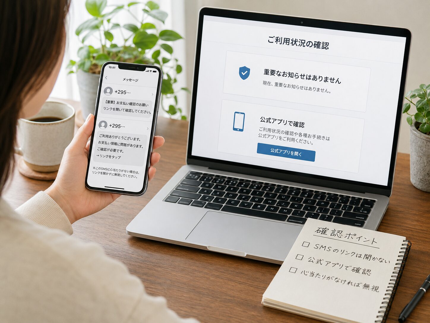 +295のSMSと公式アプリの通知を見比べて安全確認している写真