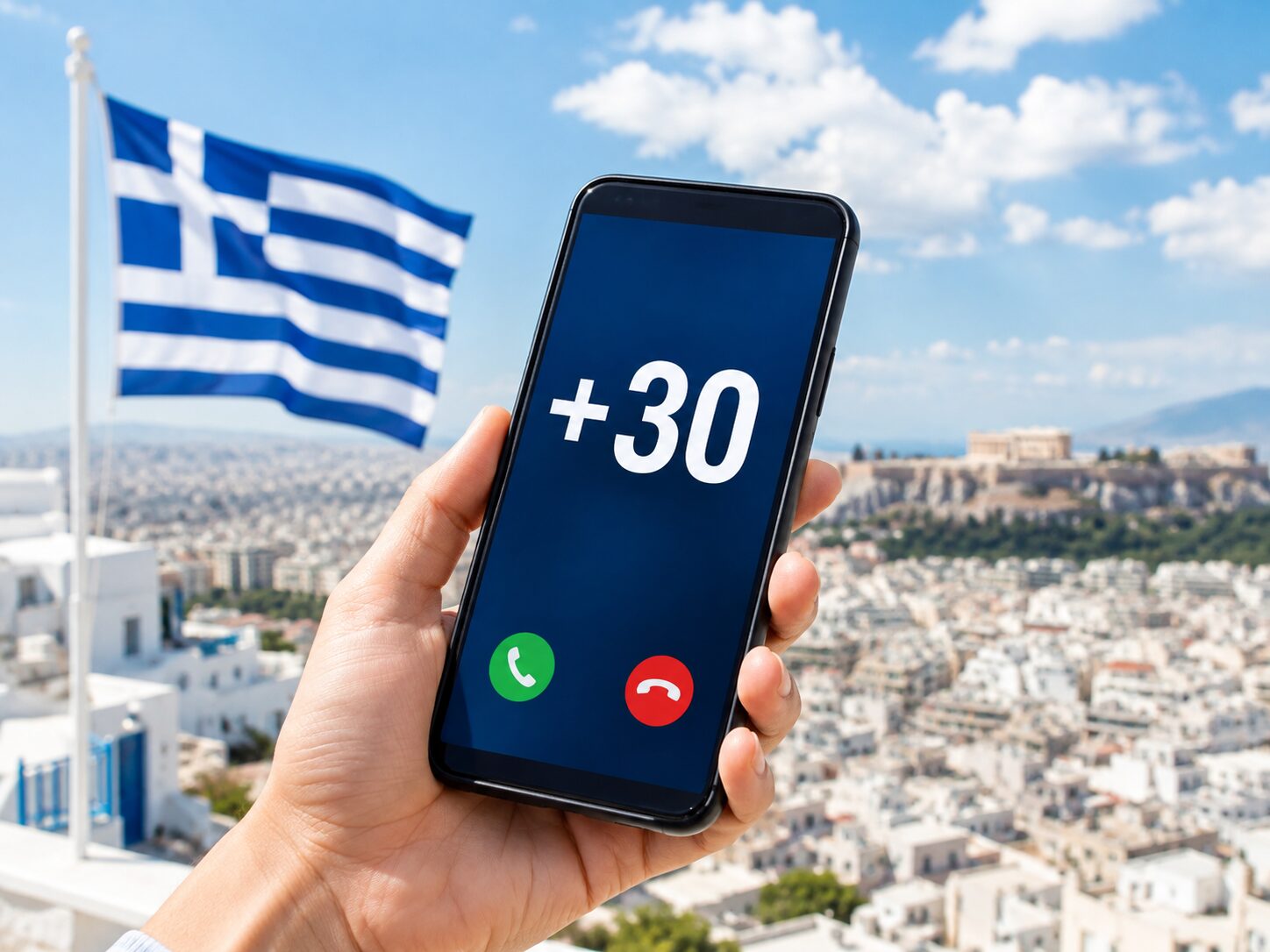 ギリシャの国旗とアテネの街並みを背景に国番号+30が表示されたスマートフォンの写真