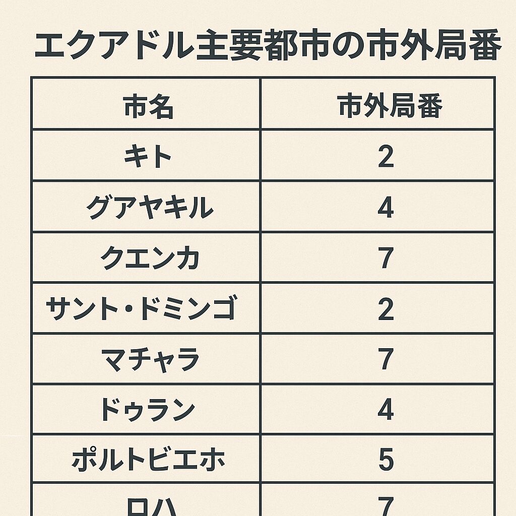 エクアドル主要都市の市外局番をまとめた一覧表イメージ
