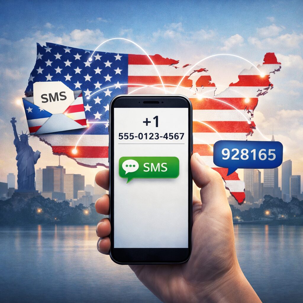 スマートフォン画面にプラス1から始まるUSAの電話番号が表示され、SMS送信や認証コード受信をしている様子が分かる無料画像素材を中央寄せで配置する