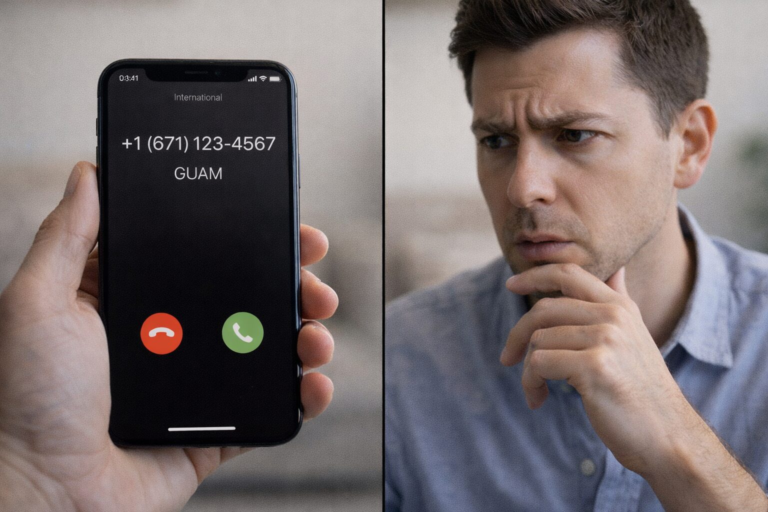 スマートフォンの着信に注意している様子が伝わる無料写真素材。不審な電話への警戒をイメージしやすい画像を中央寄せで配置