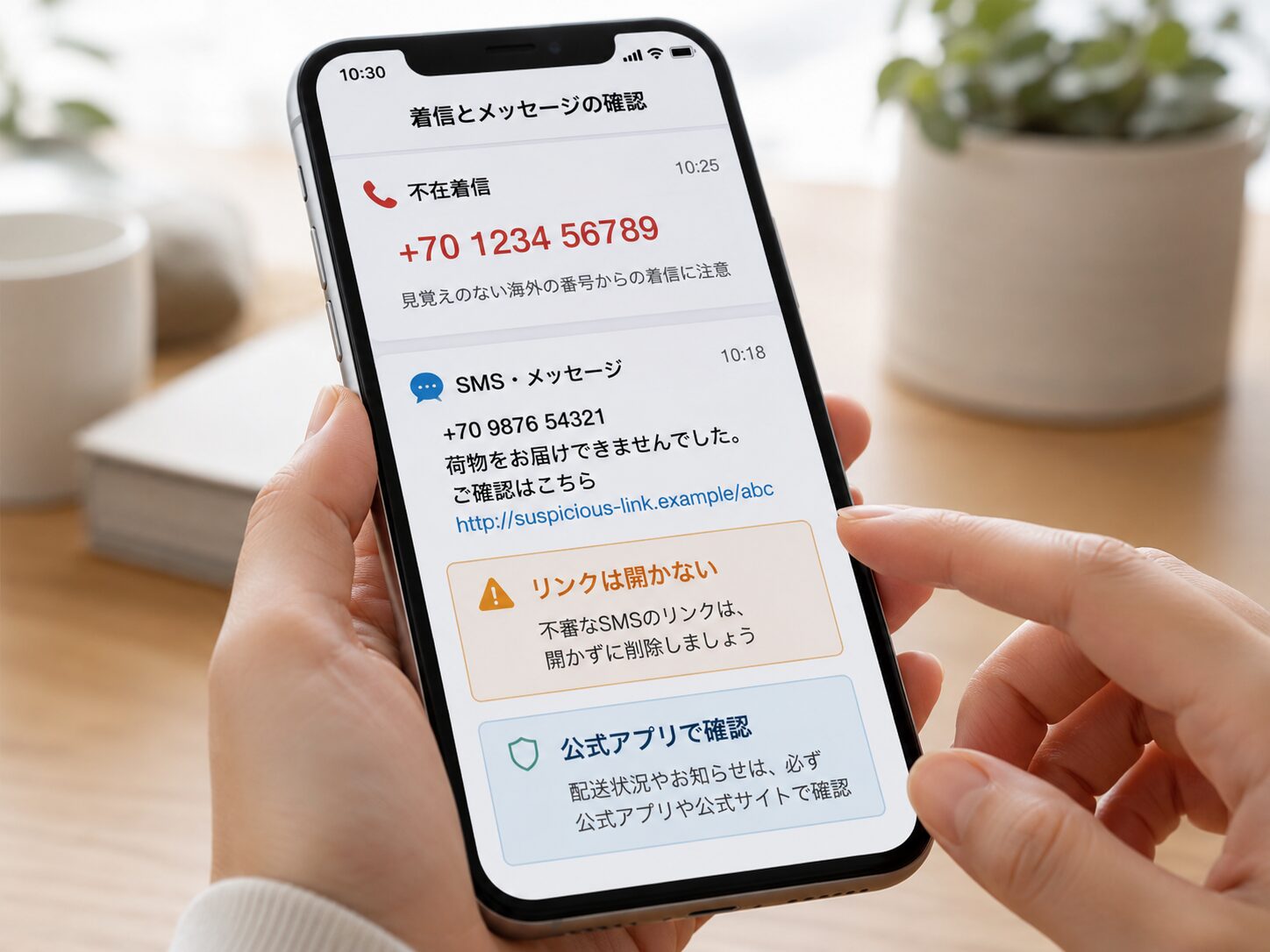 +70に見える不審な着信やSMSのリンクを開かずに確認しているスマホ画面の写真