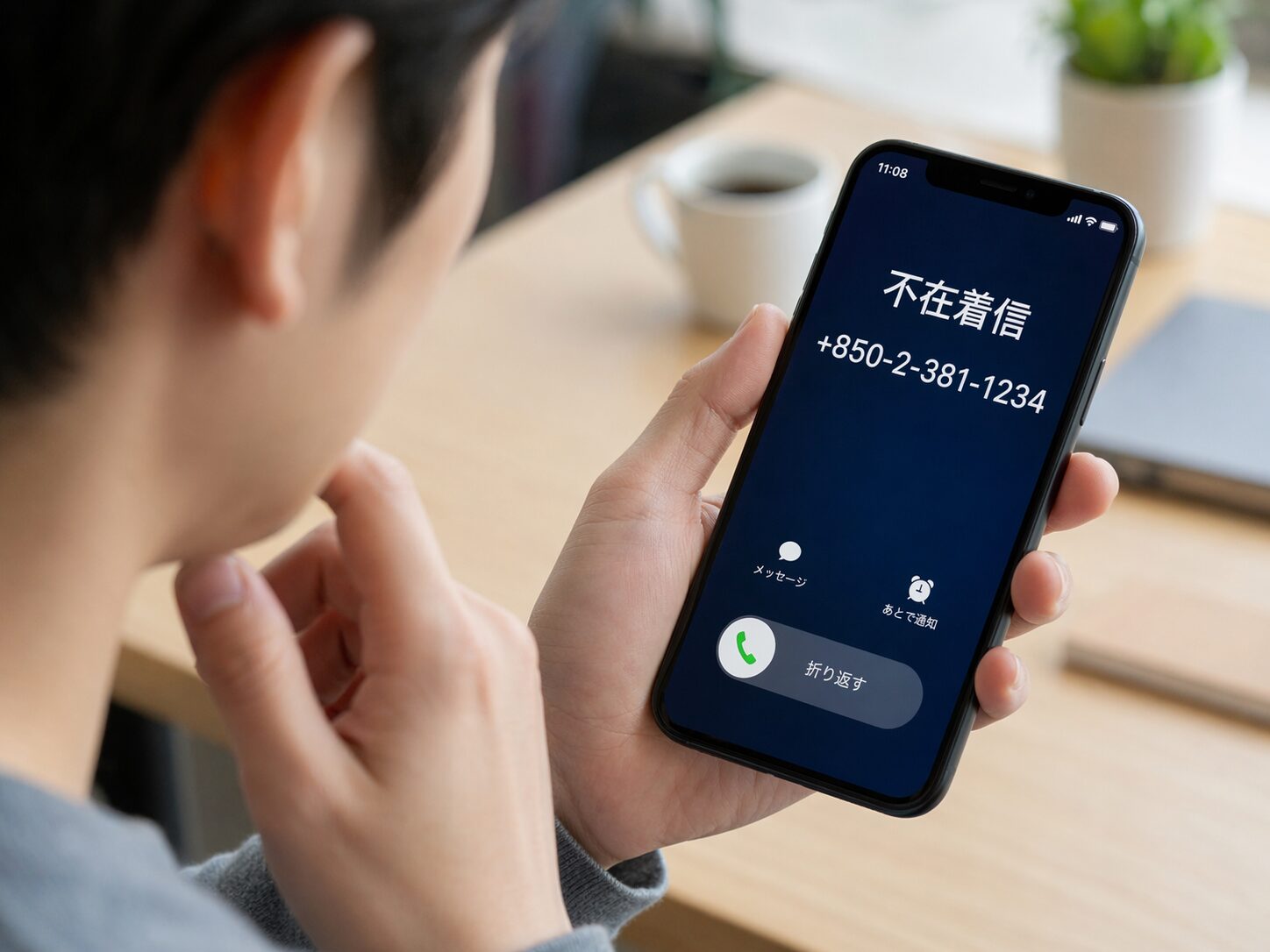 スマートフォンにプラス850から始まる不在着信が表示されており、注意して確認しているイメージ画像を配置。無料素材サイトで不審な国際電話への警戒感が伝わる写真を使用。