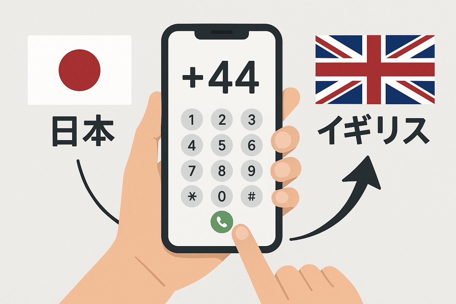 日本からイギリスへの国際電話で国番号+44を付けるイメージ図