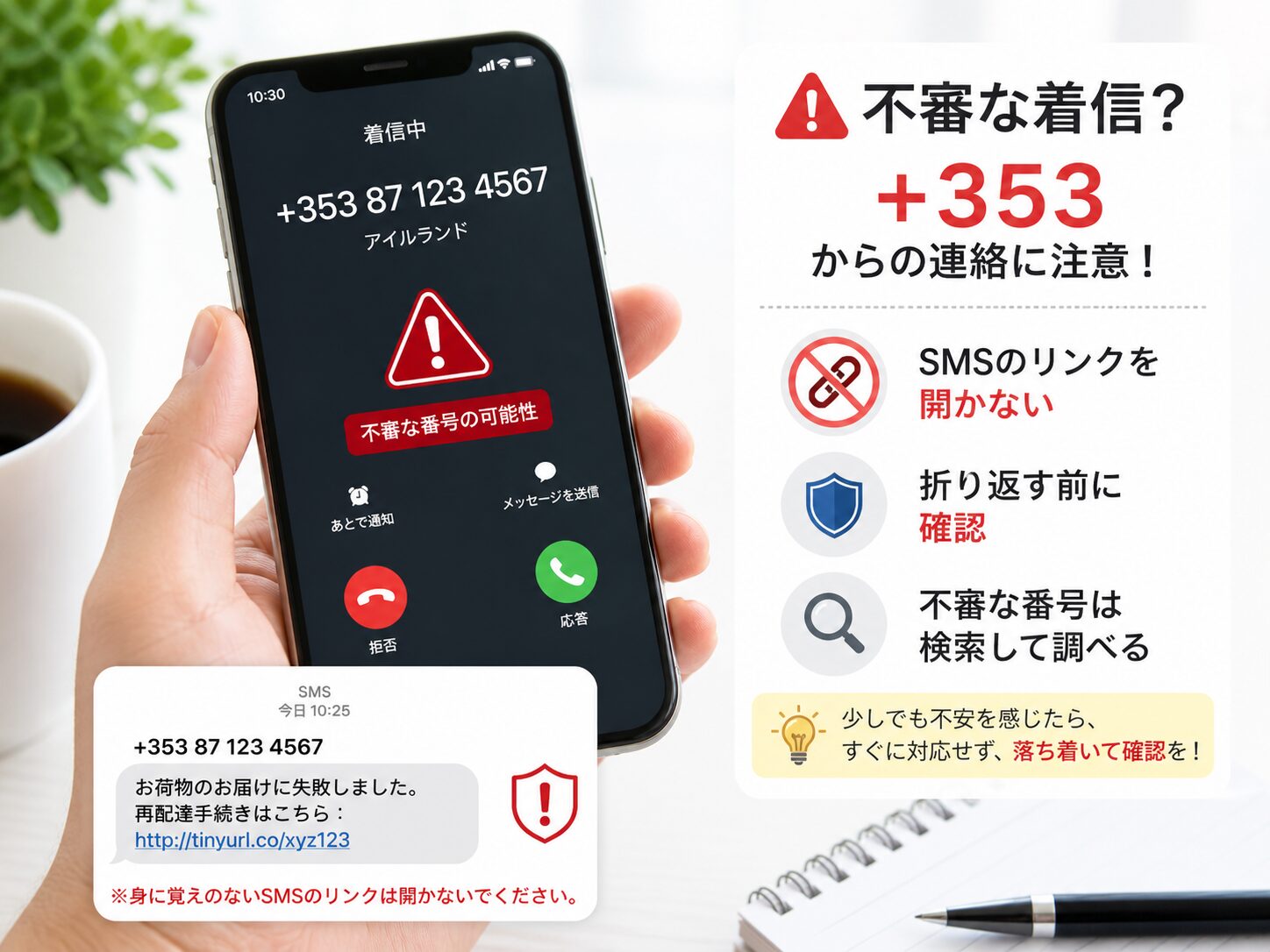 +353からの不審な着信やSMSを確認しているスマートフォンのイメージ