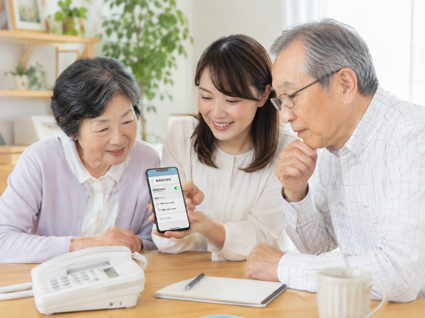 家族で固定電話やスマートフォンの着信拒否設定を確認しているイメージ。無料写真素材で、高齢者、家族、固定電話、スマホ、メモ帳が自然に写った画像を使用する