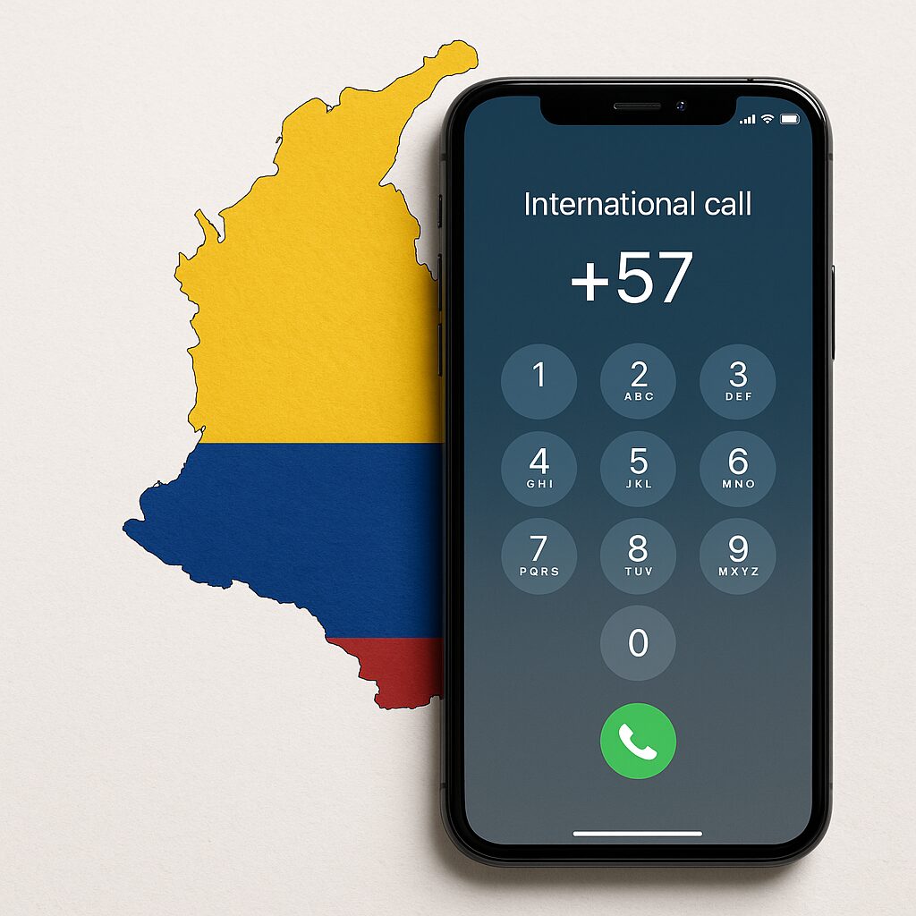 コロンビアの地図と国際電話画面が表示されたスマートフォンのイメージ画像（無料素材サイトで入手できるコロンビアの地図とスマホ写真を組み合わせたイメージ）