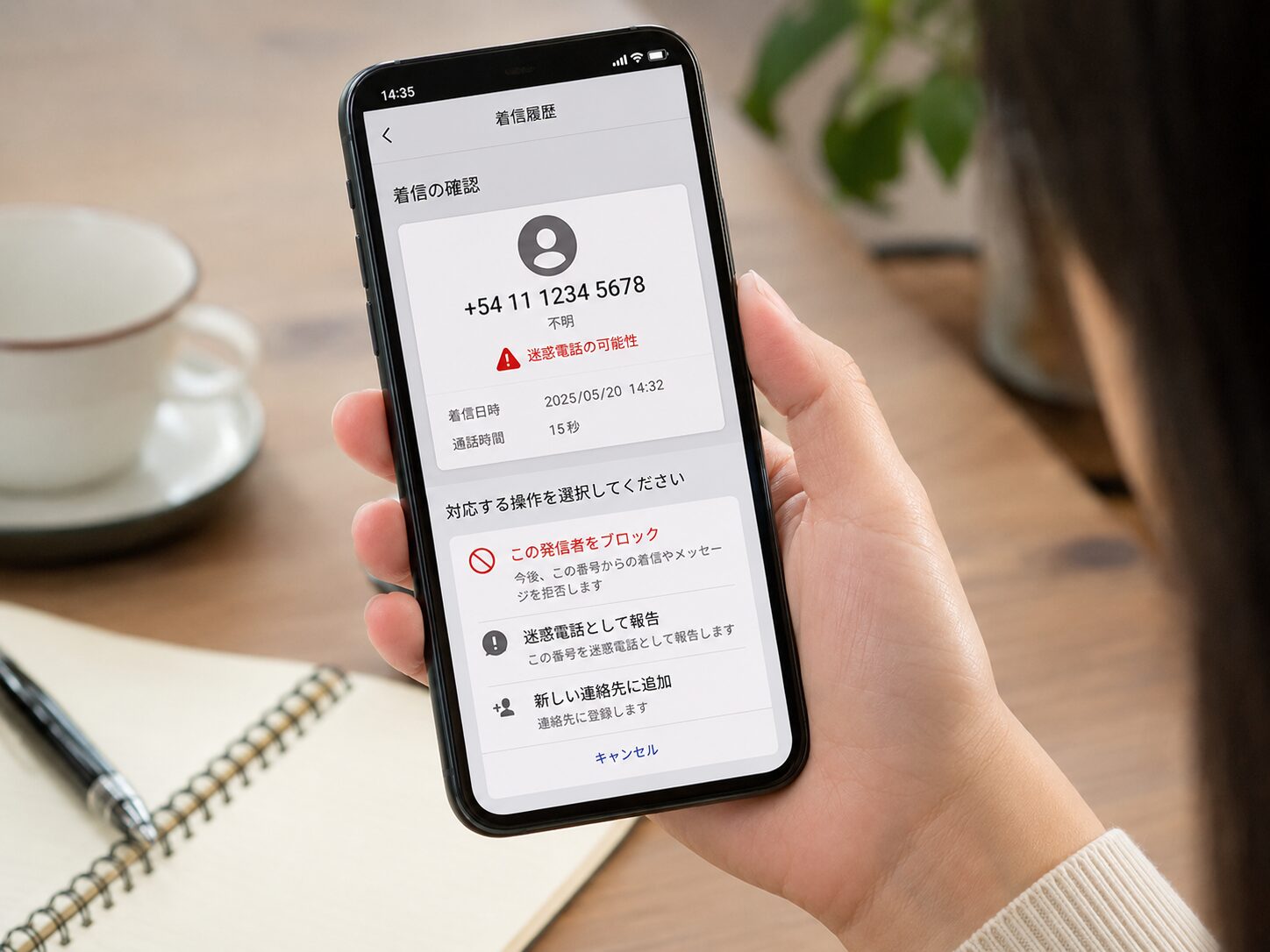 スマートフォンに表示された+54から始まる着信を確認し、不審な番号をブロックしている写真