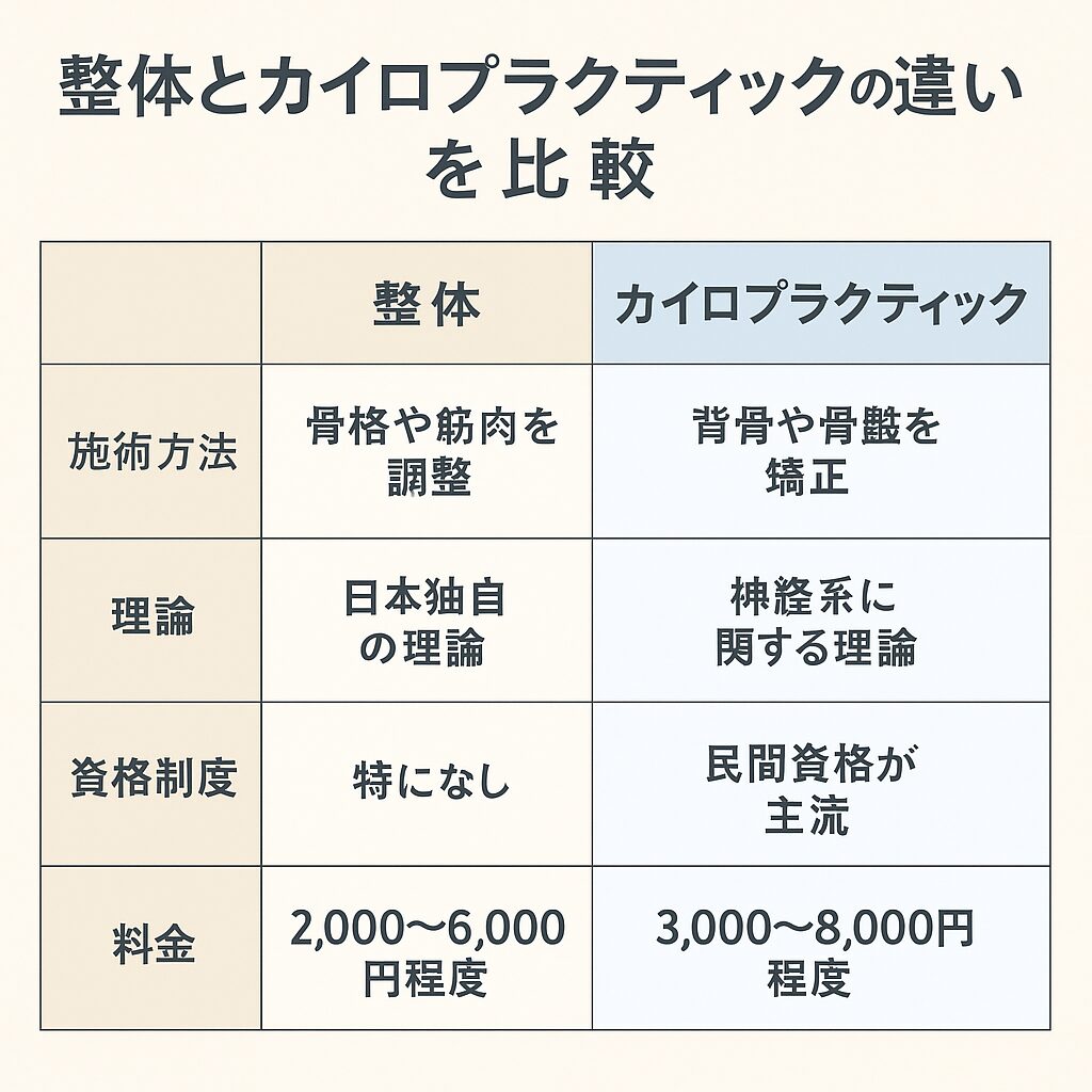 整体とカイロプラクティックの違いを比較した表のイメージ図