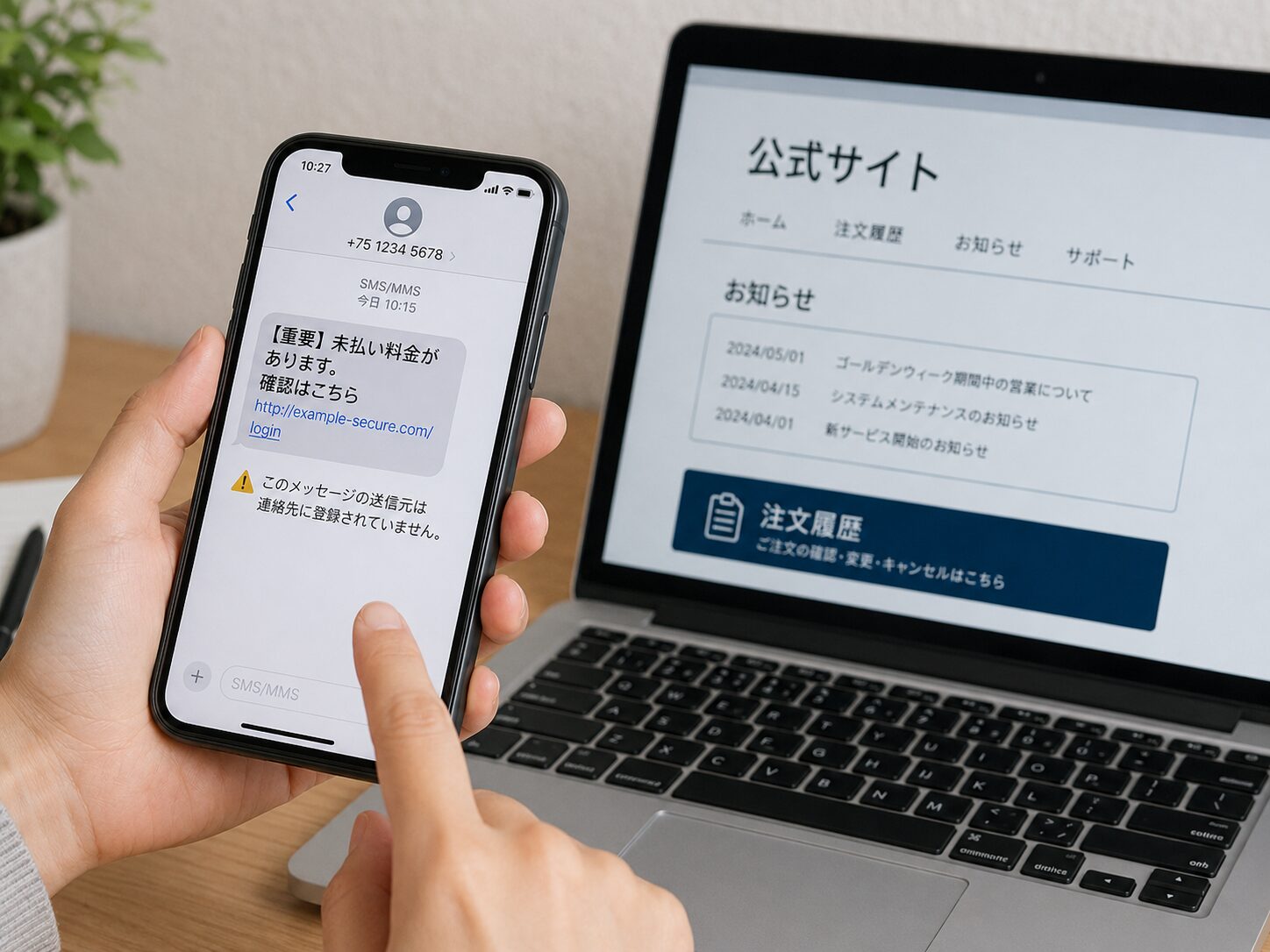 +75のように見える不審SMSを開かず公式アプリや公式サイトで確認しているイメージ