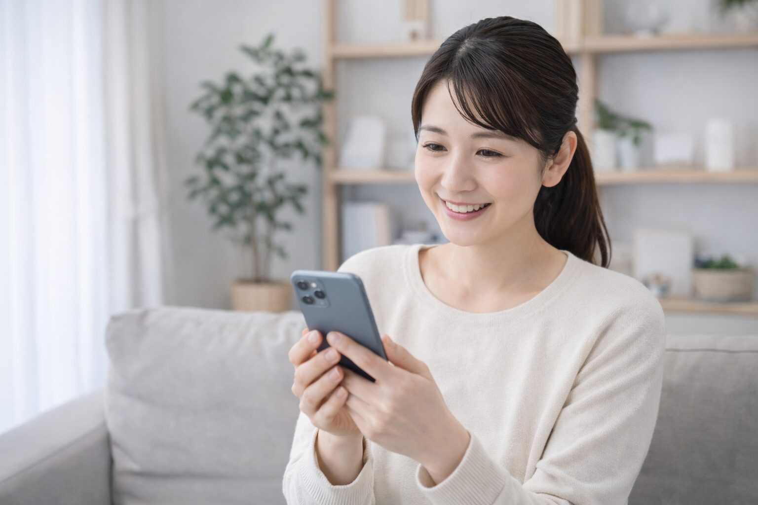 スマートフォンを安心して使う様子をイメージした写真素材（無料素材向け）