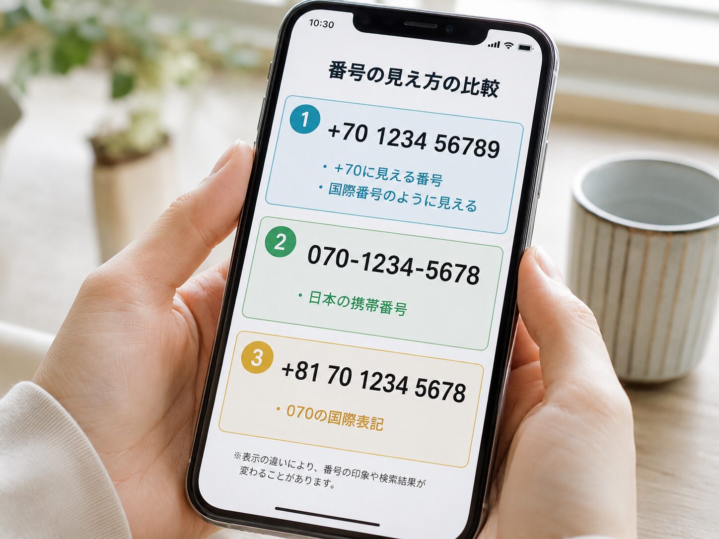 +70に見える国際番号と日本の070携帯番号や+81 70表記の違いを比較しているスマホ画面の写真