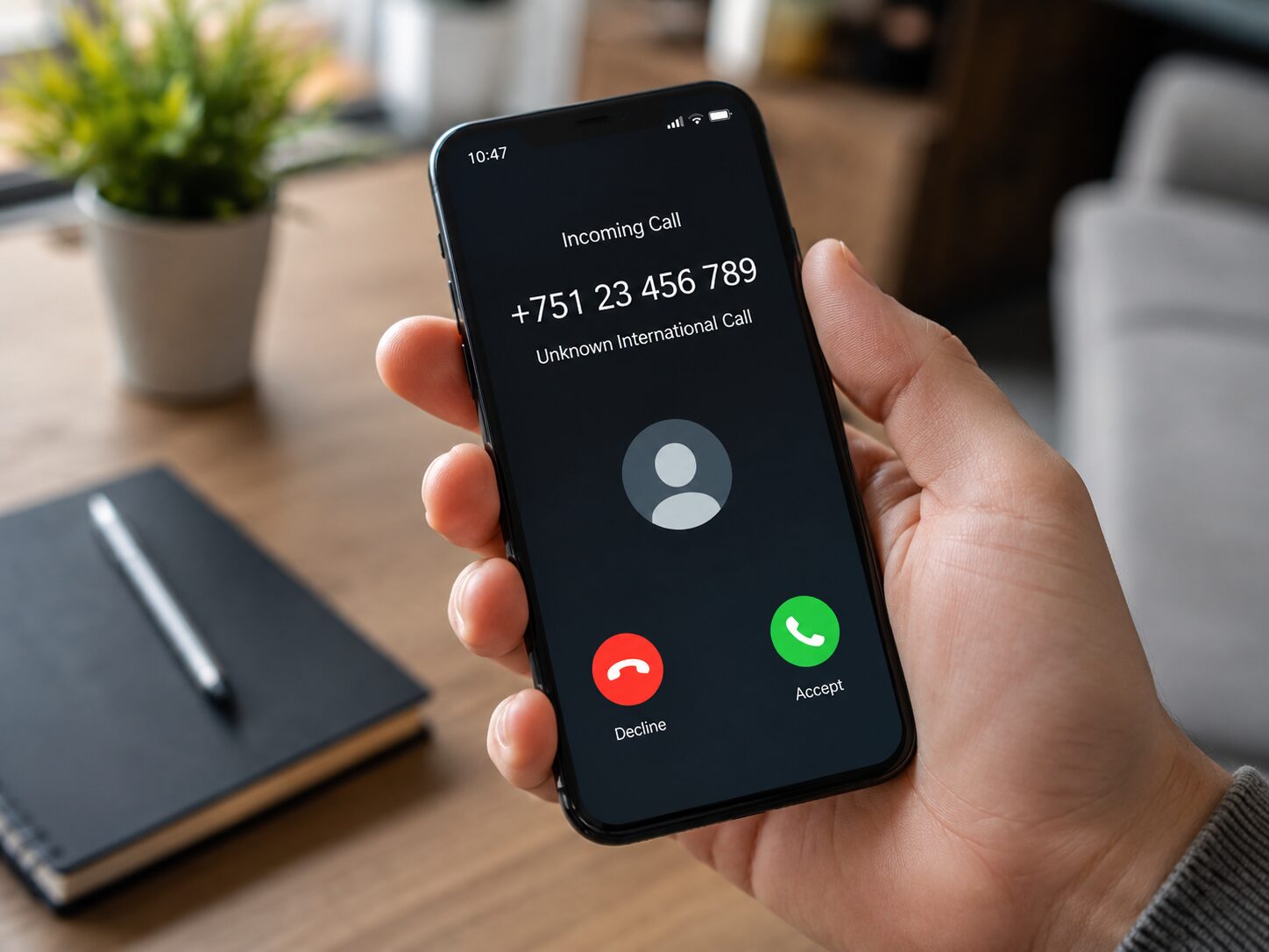 +75のように見える不審な国際着信をスマートフォンで確認しているイメージ