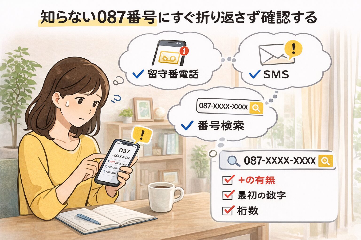 知らない087番号にすぐ折り返さず留守番電話やSMSや番号検索を確認している様子の無料写真を入れる
