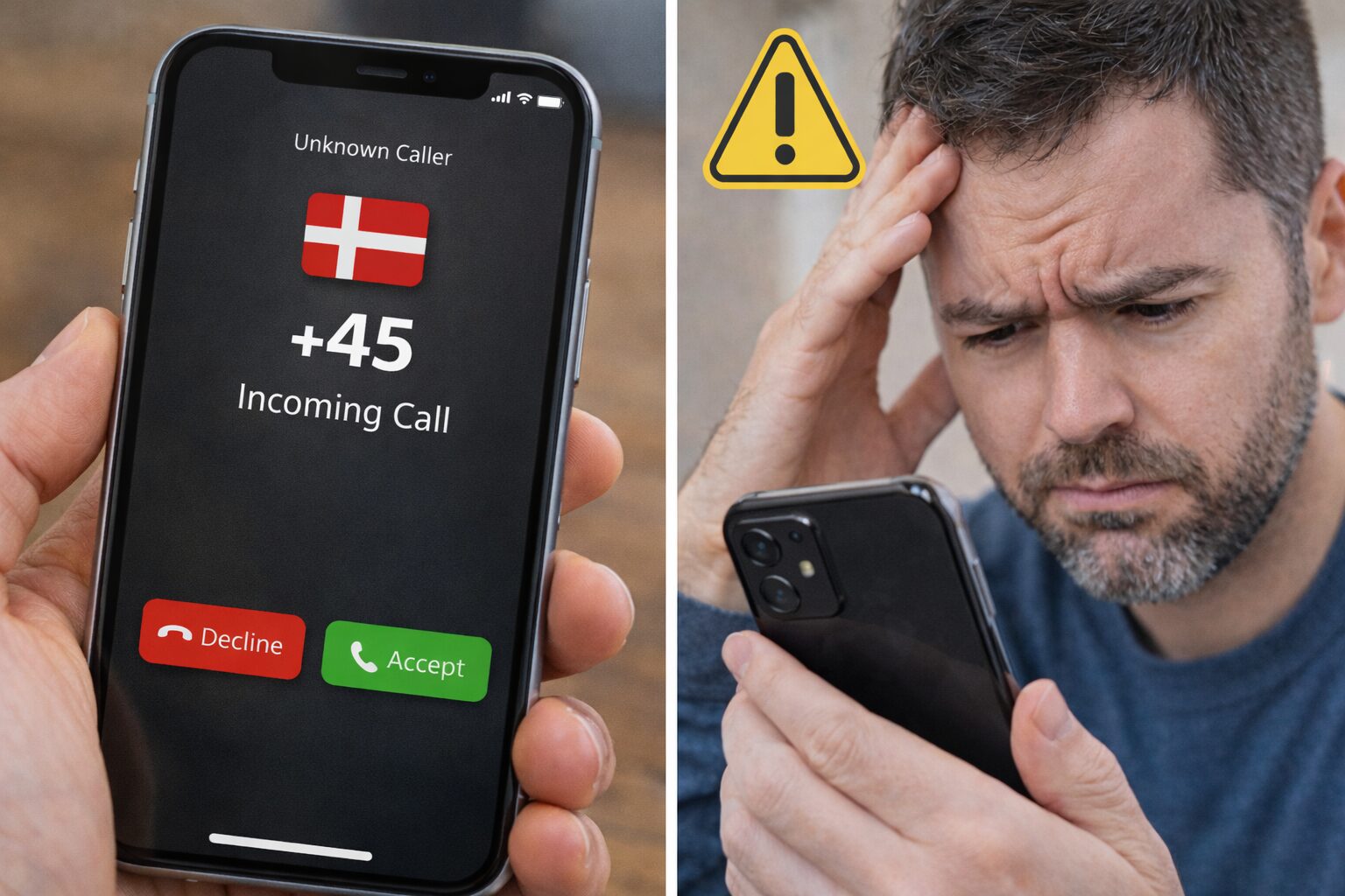 スマートフォンで不審な着信に困っている様子のイメージ。詐欺対策を説明するのに使える無料写真素材