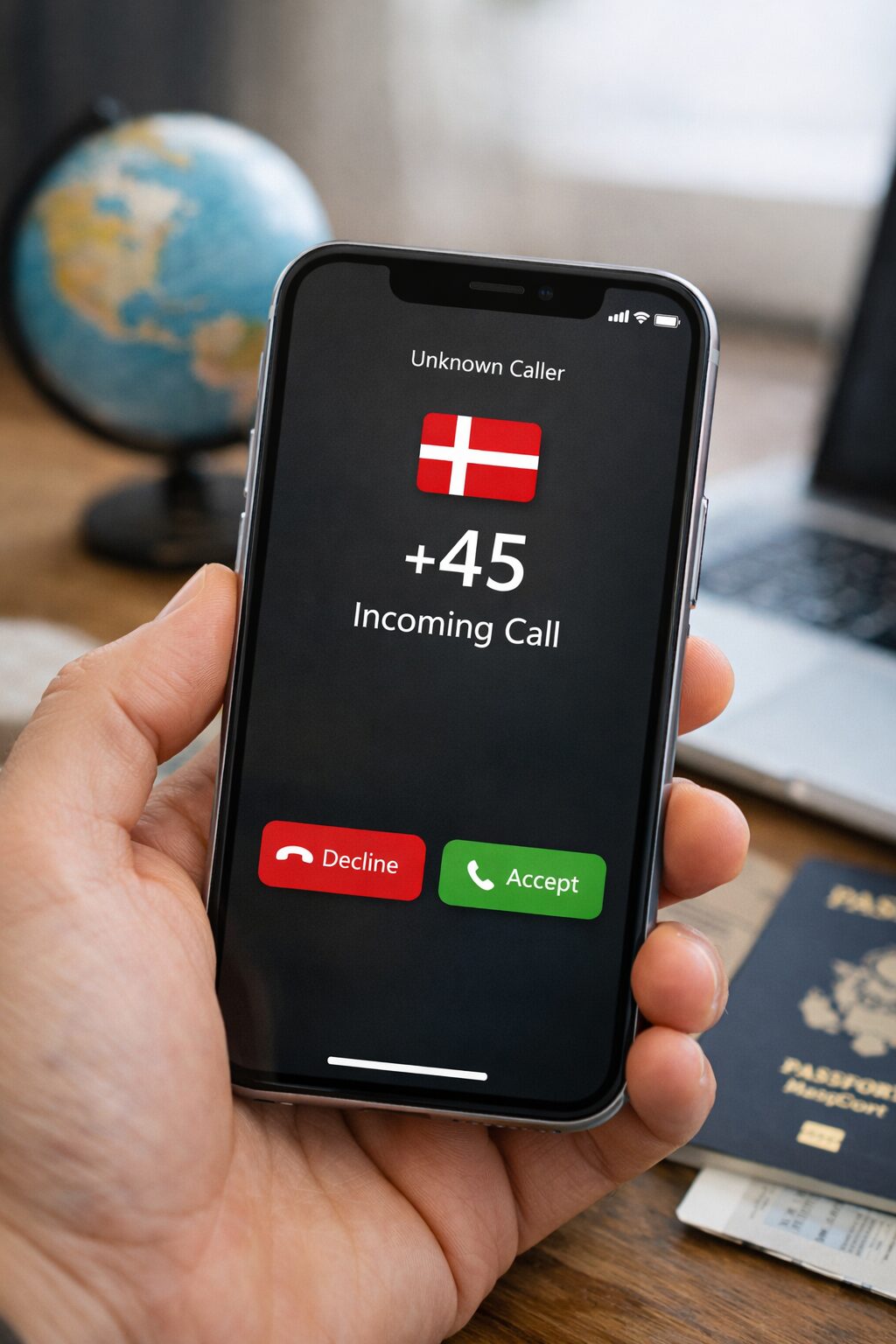 スマートフォンに+45の着信が表示されているイメージ。海外からの電話の雰囲気がわかる無料写真素材