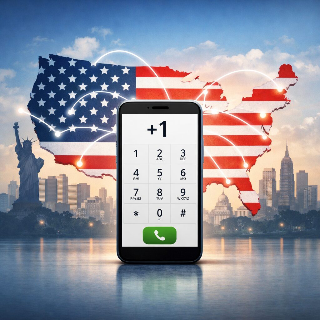 USAの国番号プラス1とアメリカへの発信イメージが分かる、スマートフォンのダイヤル画面やアメリカ地図を組み合わせた無料画像素材を中央寄せで配置する