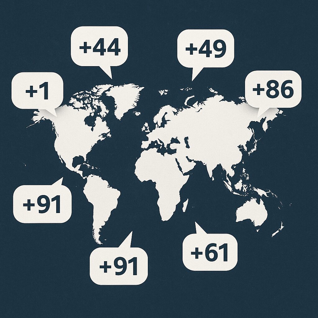 世界地図の周りに複数の国番号が吹き出しで表示されている図