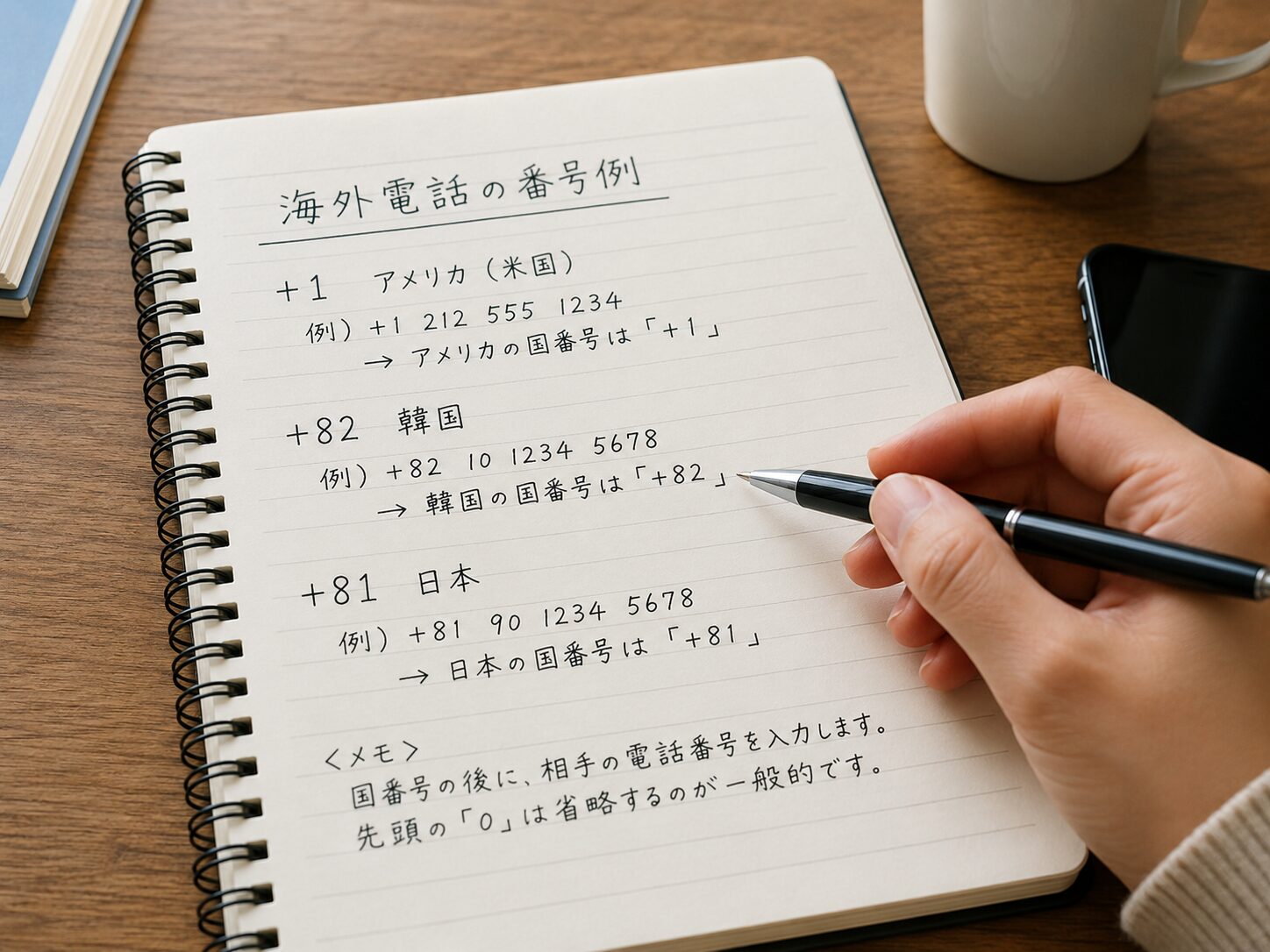 ノートに海外電話の番号例として+1や+82や+81を書いて確認しているイメージ