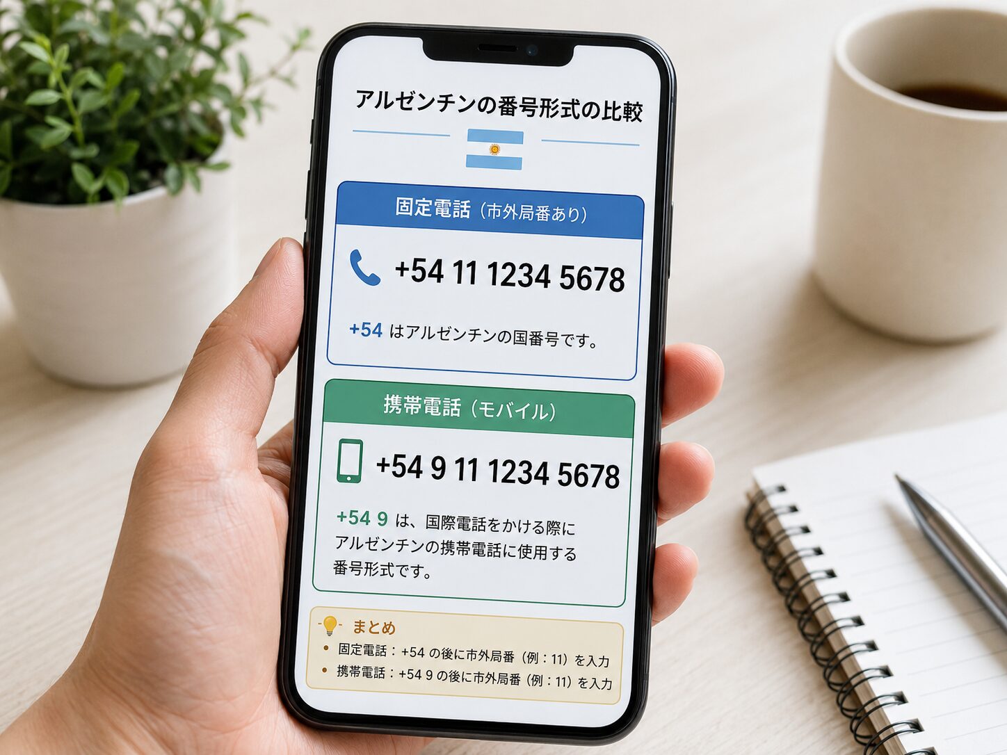 アルゼンチンの固定電話と携帯電話の番号を+54と+54 9の形式で比較している写真