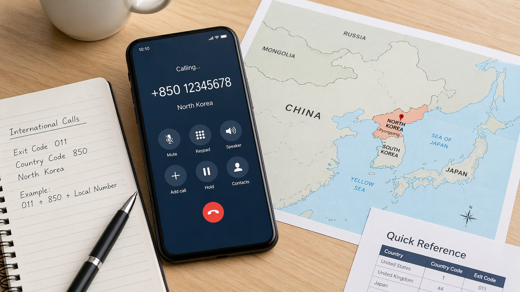 スマートフォンの国際電話画面と世界地図、北朝鮮の位置が分かる資料を机に置いたイメージ画像を配置。無料素材サイトで国際電話や海外通信の雰囲気が伝わる写真を使用。