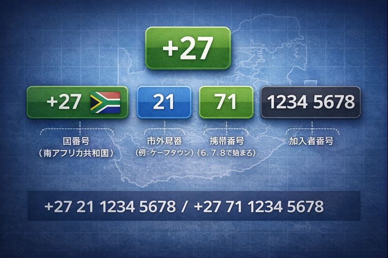 南アフリカの国番号27を含む電話番号構成の図解イメージ（無料素材）