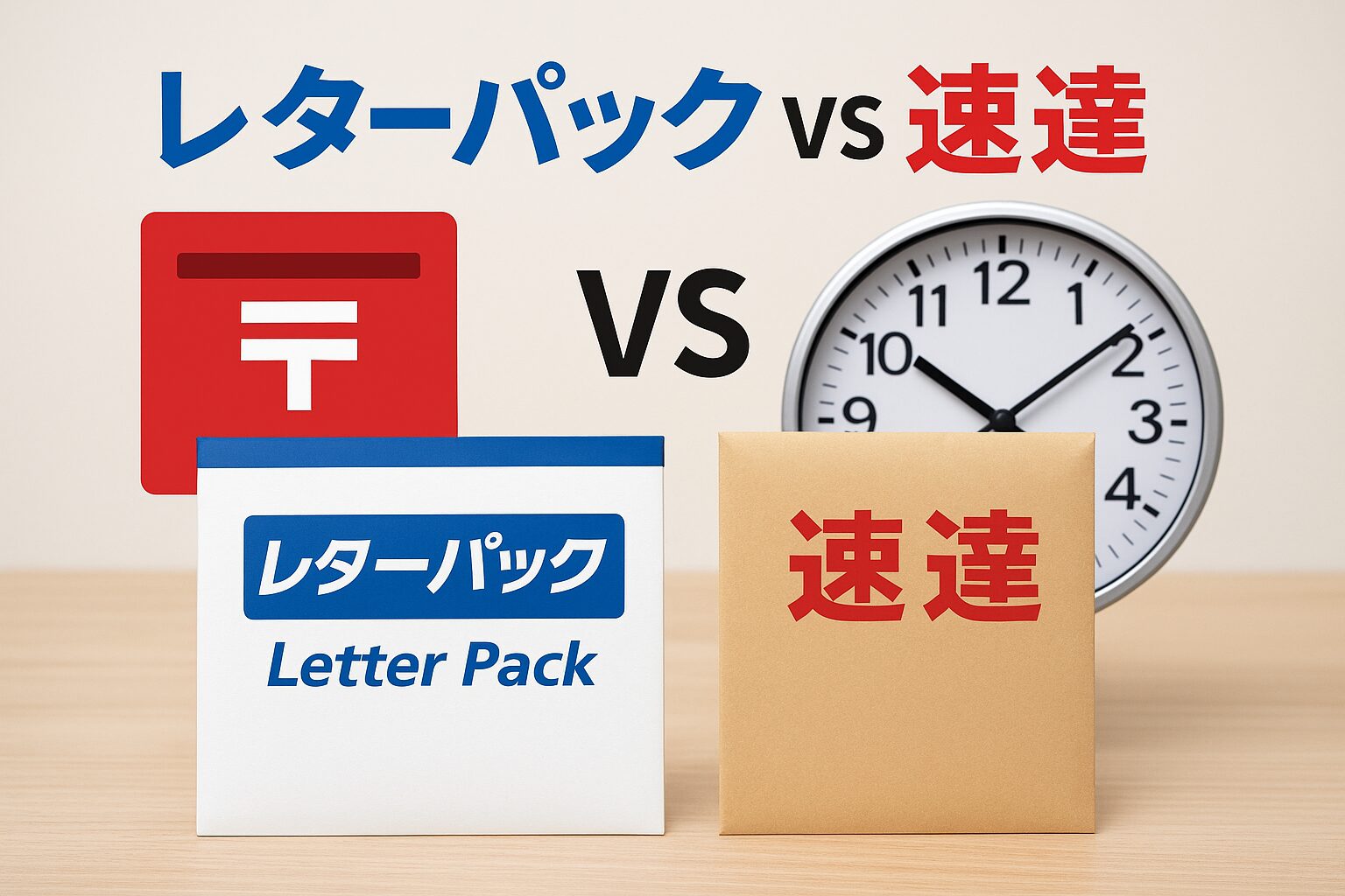 レターパックと速達を比較するイメージ。封筒と郵便ポスト、時計が並んでいる写真。